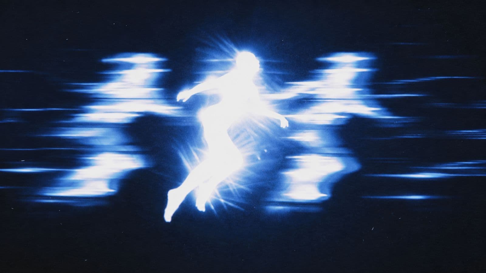 Glowing figure leaping through streaks of blue light